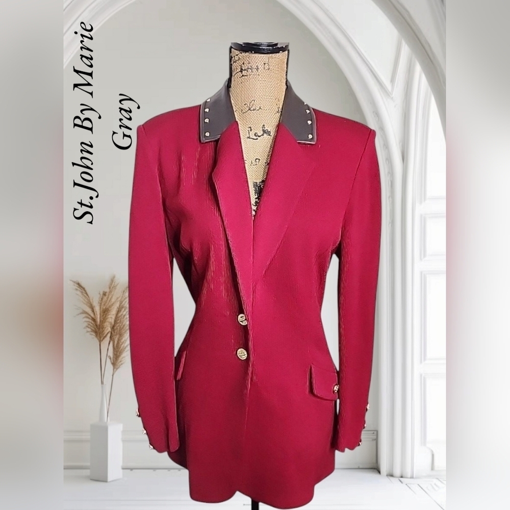 St. John Vintage Leather Trim Studded Sweater Blazer. Size 10